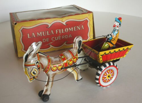 Plasti Marx México by Marx wind up tin mule donkey Clawn, La Mula Filomena 50’s in box with transparent window original tin toy