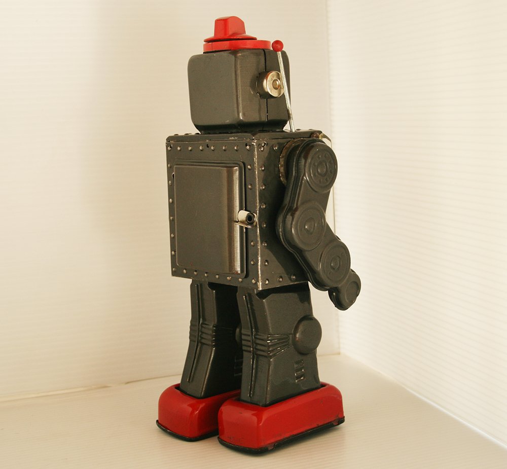 Horikawa S.H 60’s, Gear Robot in Repro Box, Battery Operated 11.5 inches  (29 cm) original tin toy robot